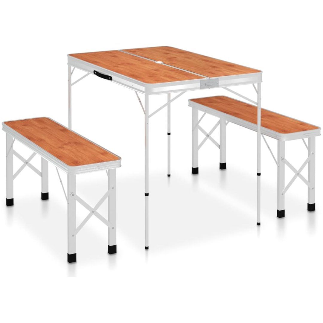 Hopfällbart campingbord med 2 bänkar aluminium brun vidaXL