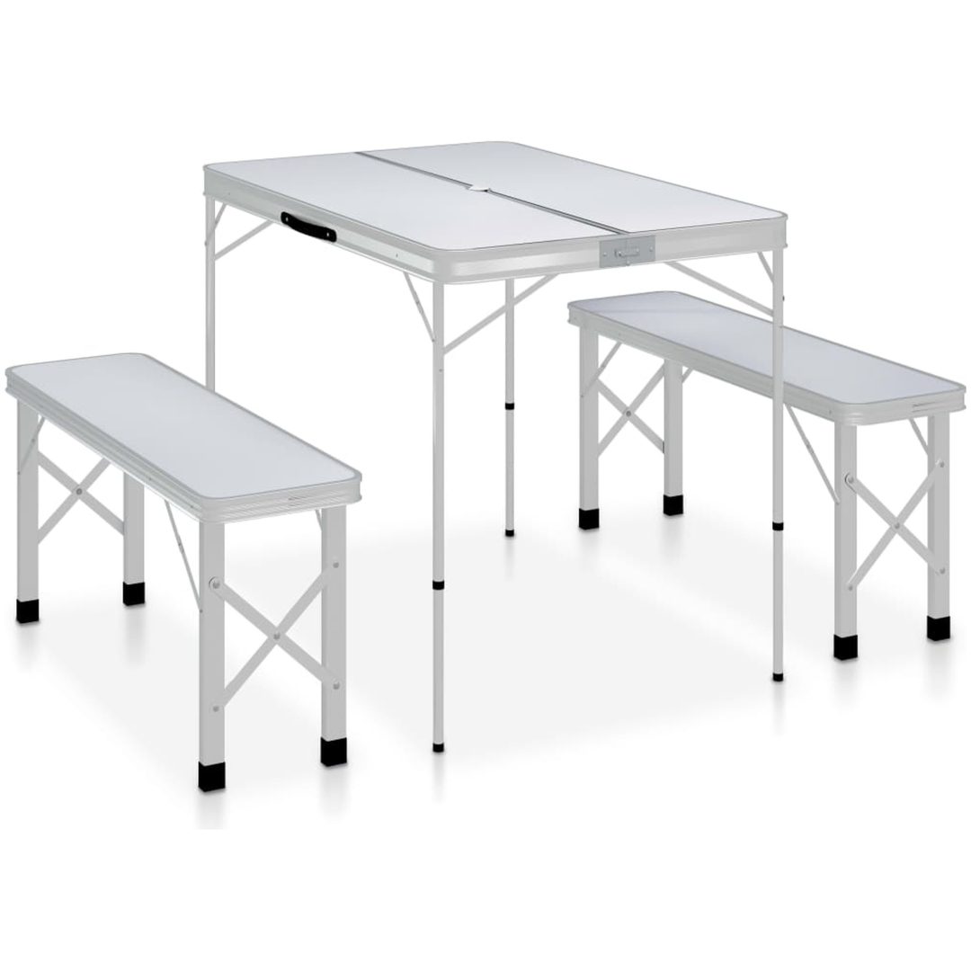 Hopfällbart campingbord med 2 bänkar aluminium vit vidaXL