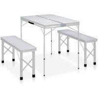 Hopfällbart campingbord med 2 bänkar aluminium vit vidaXL
