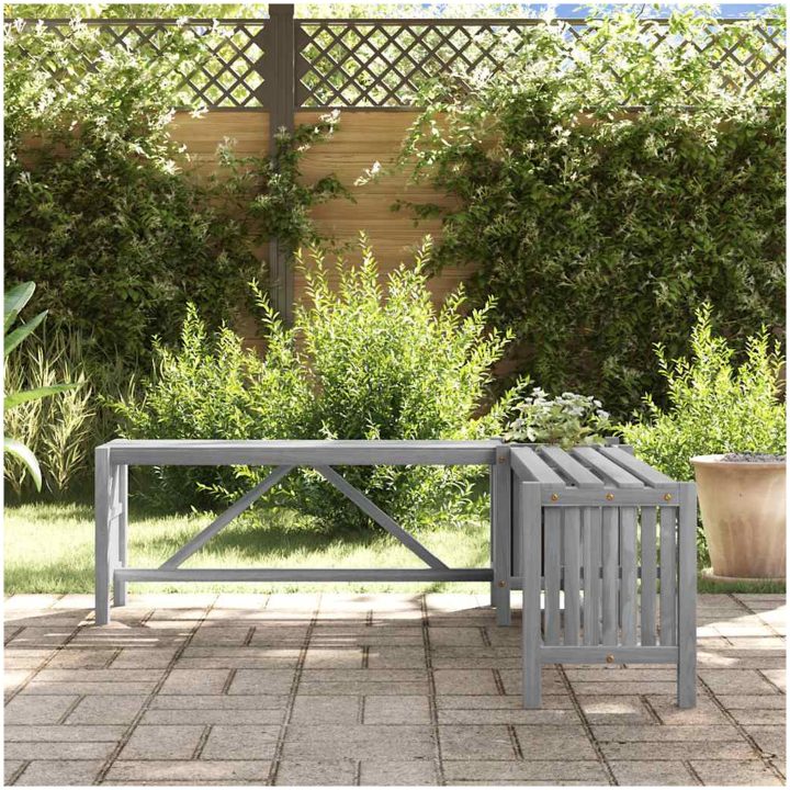 Hörnbänk med odlingslåda 117 cm massivt akaciaträ grå vidaXL 117 x 117 x 40 cm – bild 3