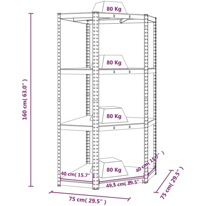 Hörnhylla blå stål och konstruerat trä 4 hyllplan vidaXL 75 x 75 x 160 cm – bild 9