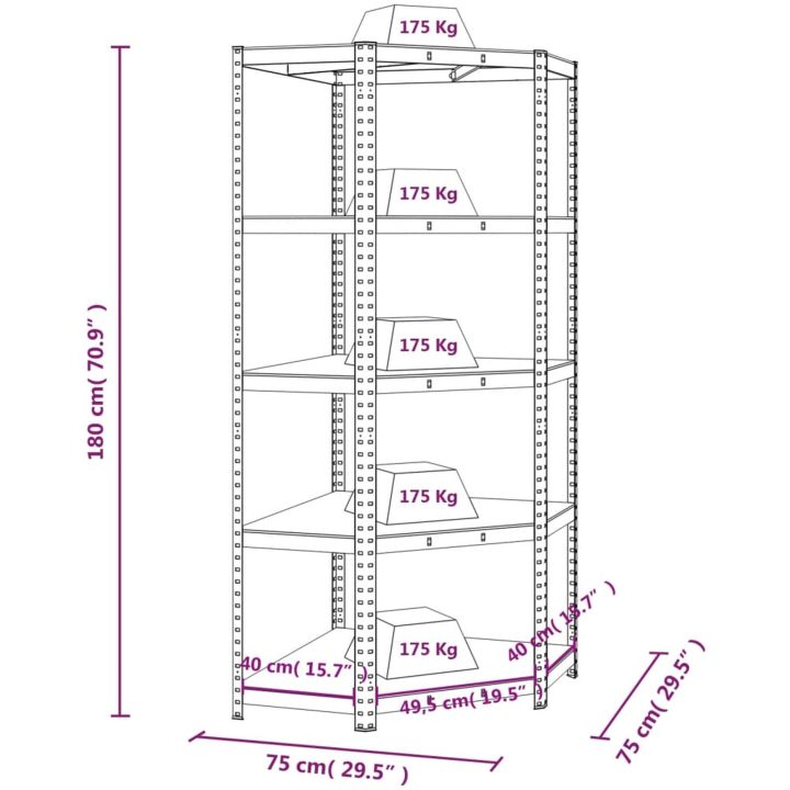 Hörnhylla blå stål och konstruerat trä 5 hyllplan vidaXL 75 x 75 x 180 cm – bild 9