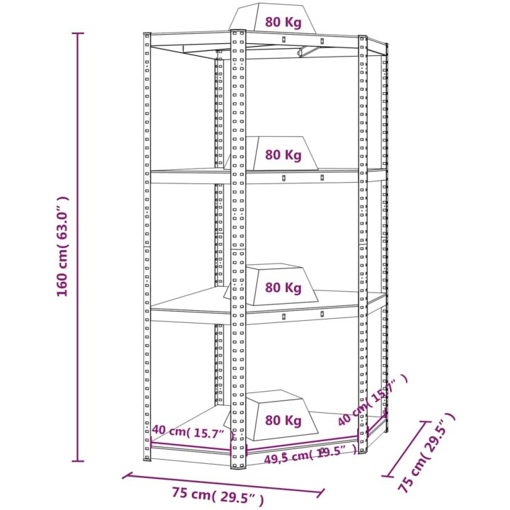 Hörnhylla silver stål och konstruerat trä 4 hyllplan vidaXL 75 x 75 x 160 cm – bild 9