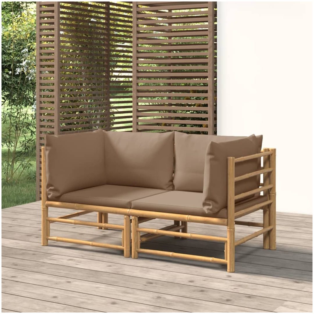 Hörnsoffa för trädgården taupe dynor 2 st bambu vidaXL