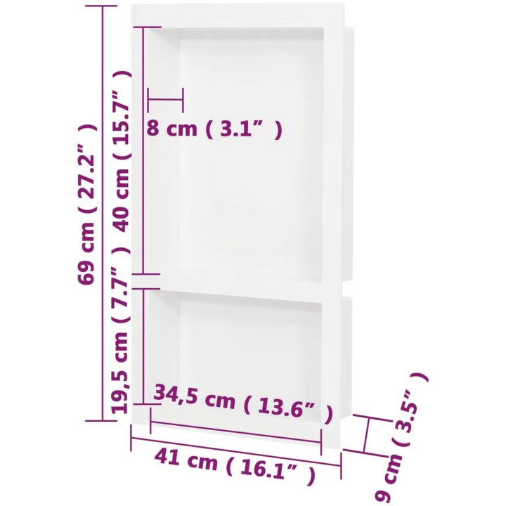 Infälld duschhylla niche 2 hyllor matt vit 41x69x9 cm vidaXL 41 x 69 x 9 cm – bild 7