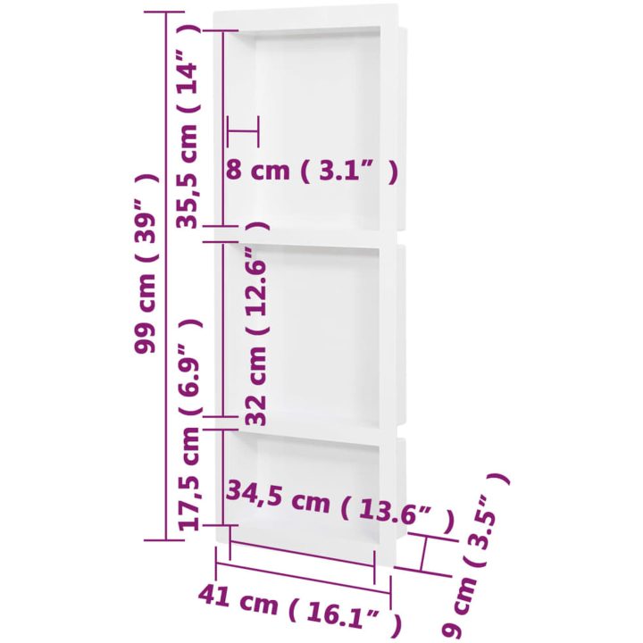 Infälld duschhylla niche 3 hyllor matt vit 41x99x9 cm vidaXL 41 x 99 x 9 cm – bild 7