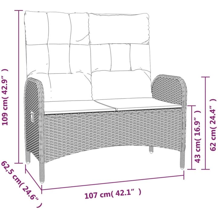 Justerbar trädgårdsbänk med dynor 107 cm konstrotting svart vidaXL – bild 7