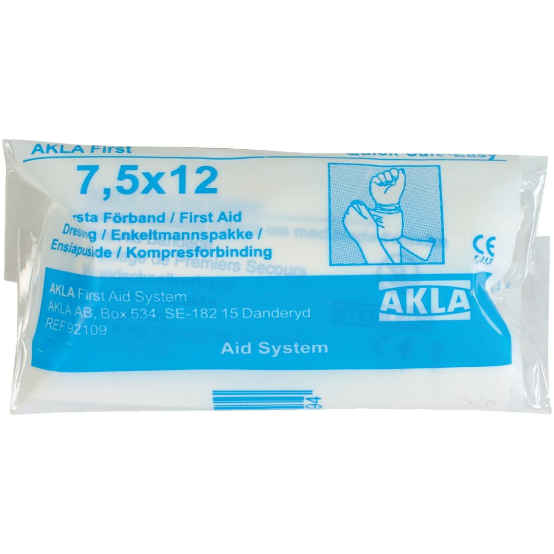 Kompress AKLA, med fastsydd binda FÖRSTA FÖRBAND 92109 7,5X12 CM