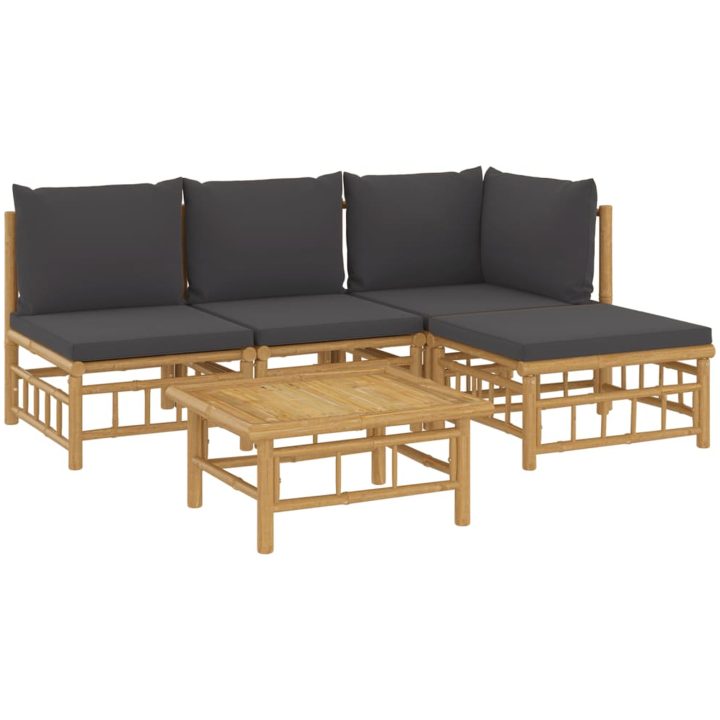 Loungegrupp 5 delar mörkgrå dynor bambu vidaXL – bild 3
