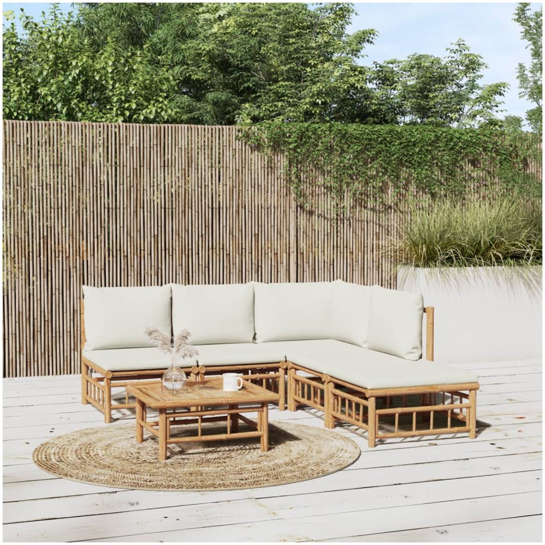Loungegrupp 6 delar gräddvita dynor bambu vidaXL