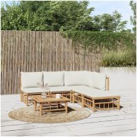 Loungegrupp 6 delar gräddvita dynor bambu vidaXL