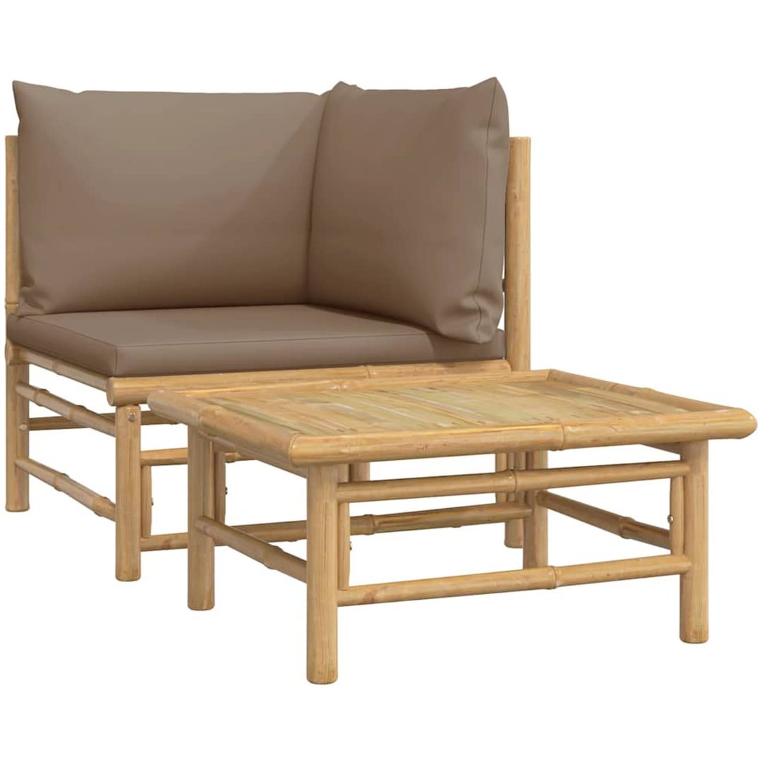 Loungegrupp för trädgården 2 delar taupe dynor bambu vidaXL – bild 2