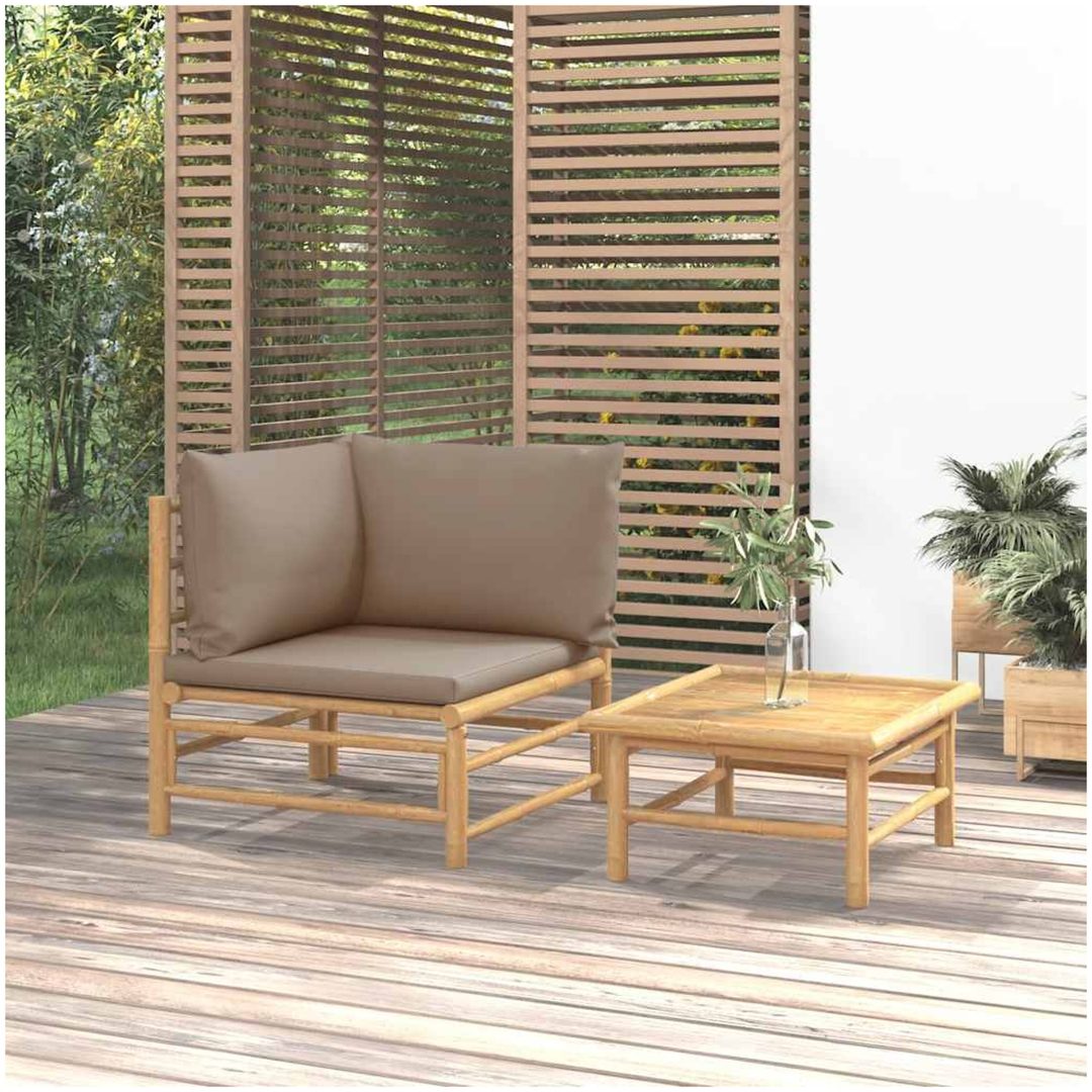 Loungegrupp för trädgården 2 delar taupe dynor bambu vidaXL