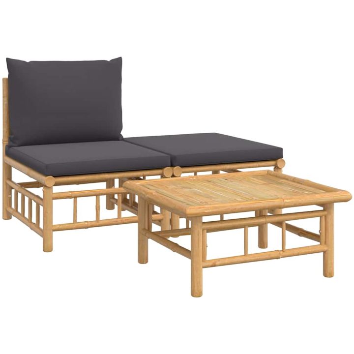 Loungegrupp för trädgården 3 delar mörkgråa dynor bambu vidaXL – bild 2