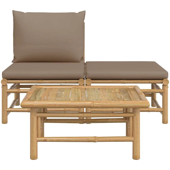 Loungegrupp för trädgården 3 delar taupe dynor bambu vidaXL – bild 3