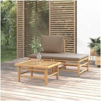 Loungegrupp för trädgården 3 delar taupe dynor bambu vidaXL