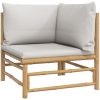 Loungegrupp för trädgården 4 delar ljusgråa dynor bambu vidaXL – miniatyr 4