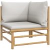 Loungegrupp för trädgården 5 delar ljusgråa dynor bambu vidaXL – miniatyr 4