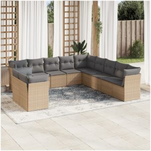 Loungegrupp för trädgården m. dynor 11 delar beige konstrotting vidaXL