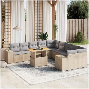 Loungegrupp för trädgården m. dynor 11 delar beige konstrotting vidaXL