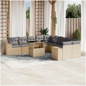 Loungegrupp för trädgården m. dynor 11 delar beige konstrotting vidaXL