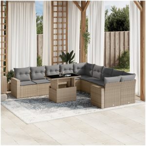 Loungegrupp för trädgården m. dynor 11 delar beige konstrotting vidaXL