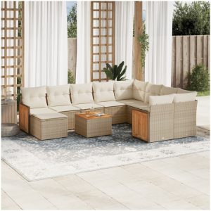 Loungegrupp för trädgården m. dynor 11 delar beige konstrotting vidaXL
