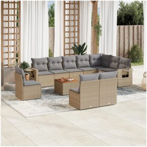 Loungegrupp för trädgården m. dynor 11 delar beige konstrotting vidaXL
