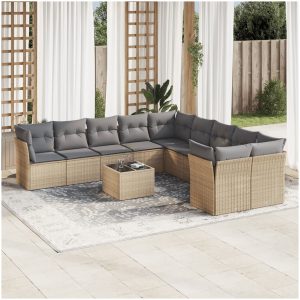 Loungegrupp för trädgården m. dynor 11 delar beige konstrotting vidaXL
