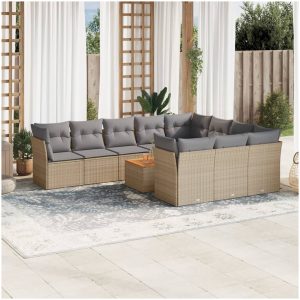 Loungegrupp för trädgården m. dynor 11 delar beige konstrotting vidaXL