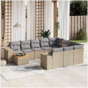 Loungegrupp för trädgården m. dynor 11 delar beige konstrotting vidaXL