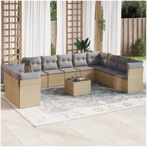 Loungegrupp för trädgården m. dynor 11 delar beige konstrotting vidaXL