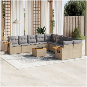 Loungegrupp för trädgården m. dynor 11 delar beige konstrotting vidaXL