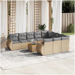 Loungegrupp för trädgården m. dynor 11 delar beige konstrotting vidaXL