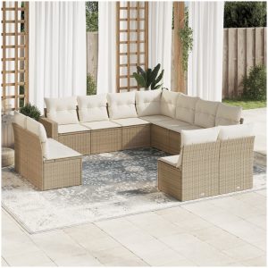 Loungegrupp för trädgården m. dynor 11 delar beige konstrotting vidaXL