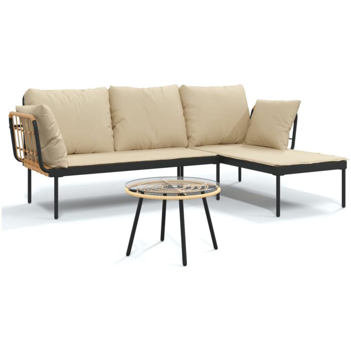 Loungegrupp för trädgården med beige dynor 3 delar konstrotting vidaXL – bild 2