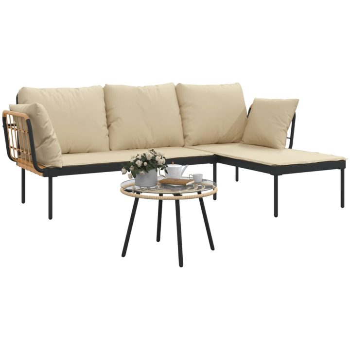 Loungegrupp för trädgården med beige dynor 3 delar konstrotting vidaXL – bild 4