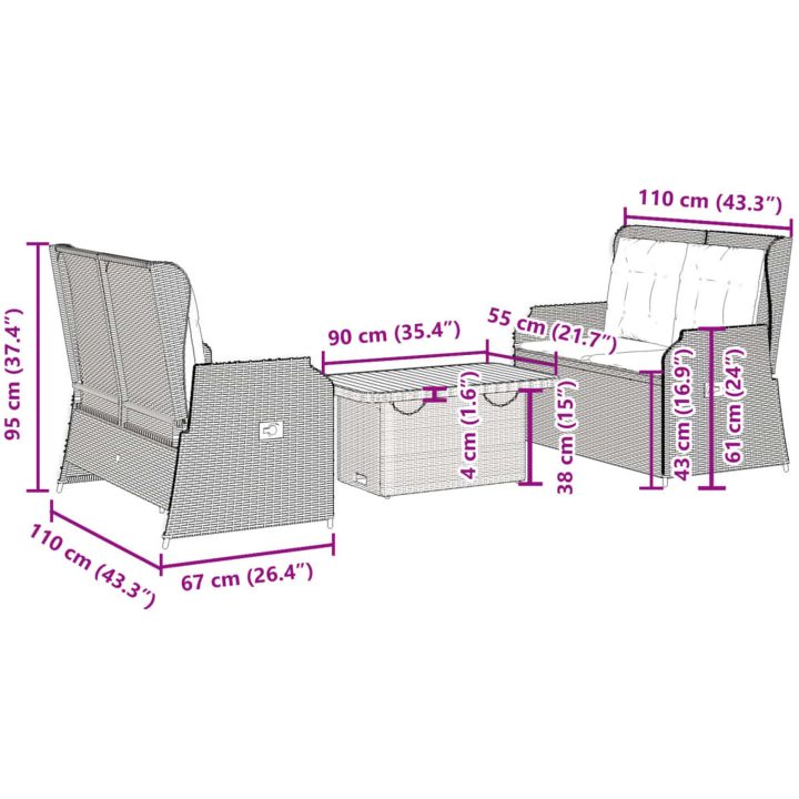 Loungegrupp för trädgården med dynor 3 delar konstrotting beige vidaXL 90 x 55 x 40/71 cm – bild 9