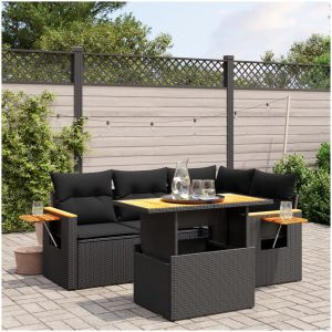 Loungegrupp för trädgården med dynor 5 delar svart konstrotting vidaXL