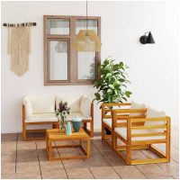 Loungegrupp för trädgården med dynor gräddvit 5 delar akaciaträ vidaXL