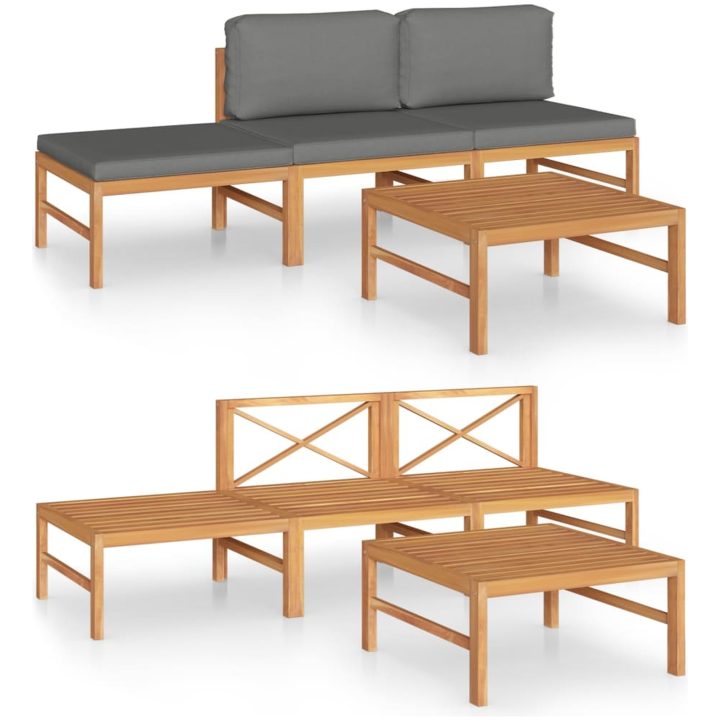 Loungegrupp för trädgården med grå dynor 4 delar massiv teak vidaXL – bild 2
