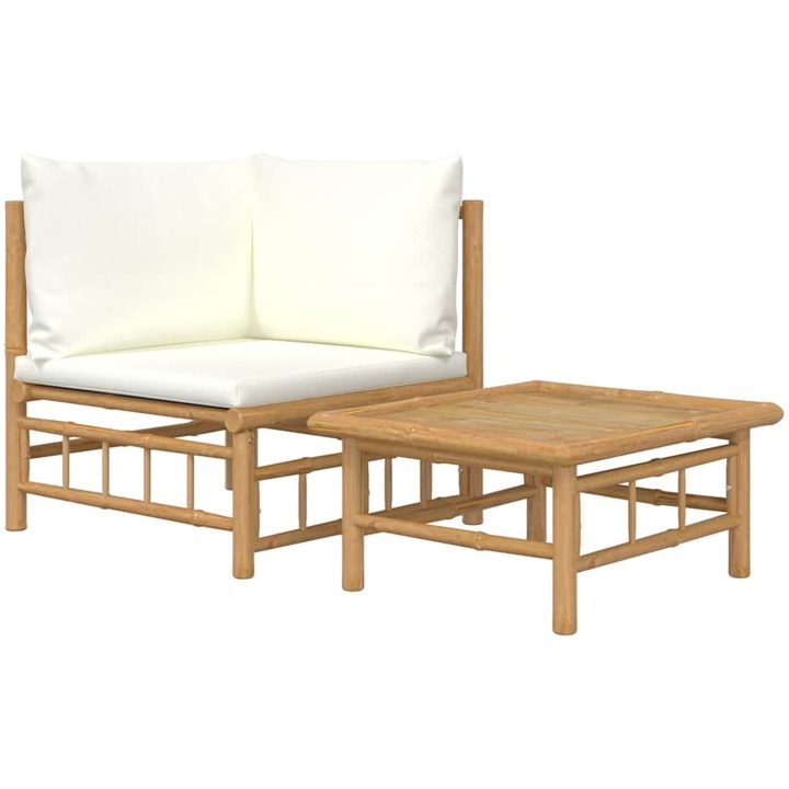 Loungegrupp för trädgården med gräddvita dynor 2 delar bambu vidaXL – bild 2