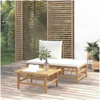 Loungegrupp för trädgården med gräddvita dynor 3 delar bambu vidaXL