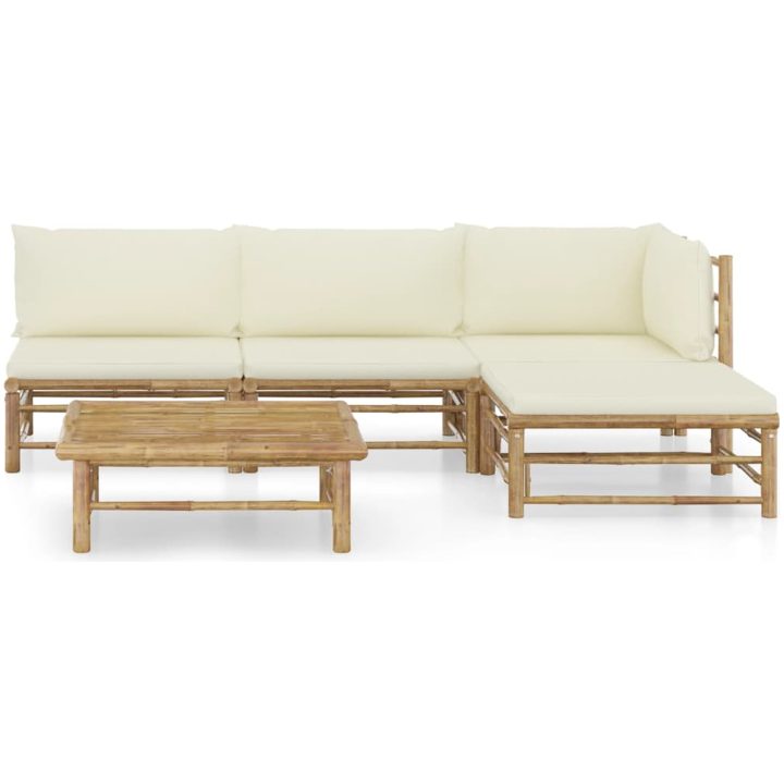 Loungegrupp för trädgården med gräddvita dynor 5 delar bambu vidaXL – bild 2