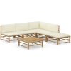 Loungegrupp för trädgården med gräddvita dynor 6 delar bambu vidaXL – miniatyr 1