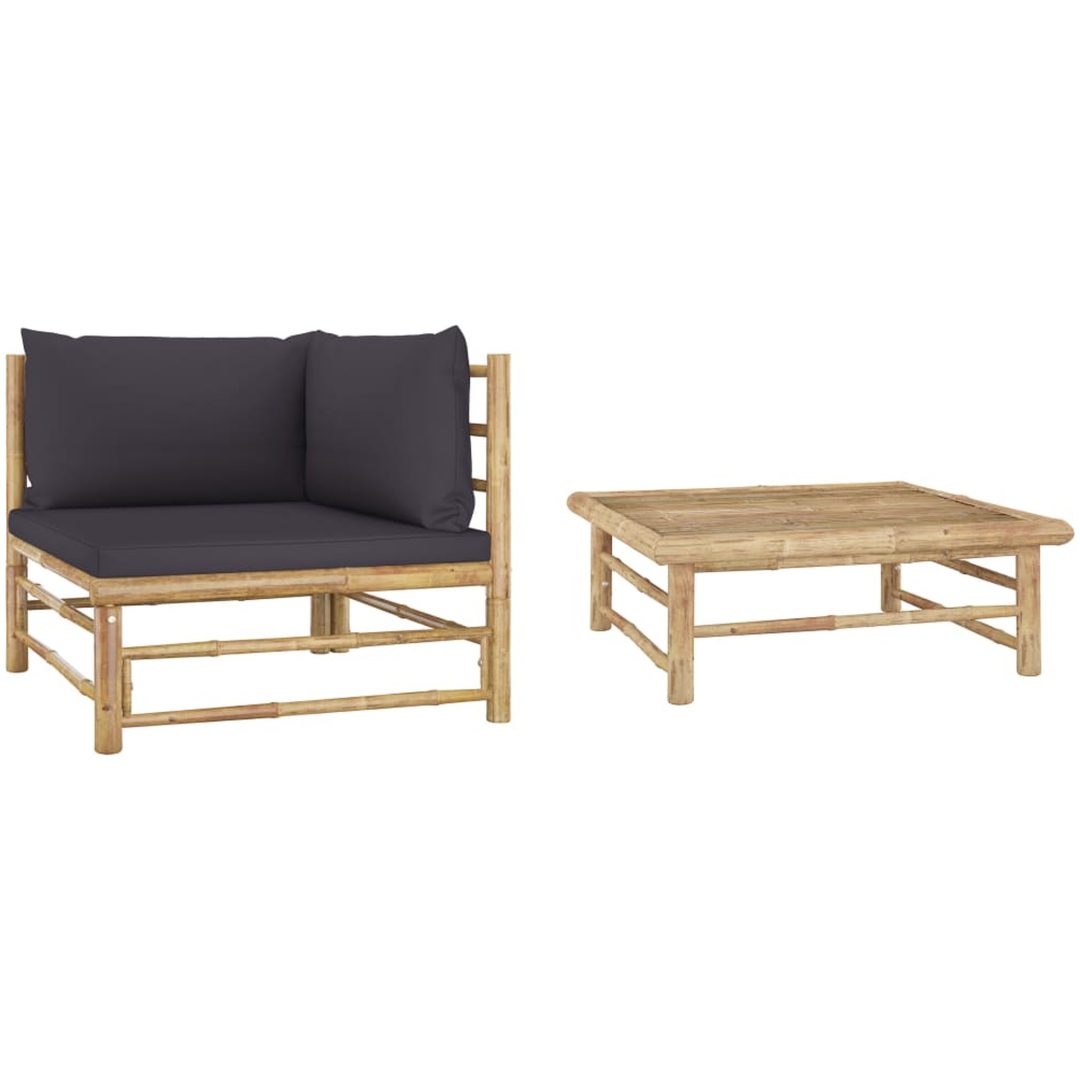 Loungegrupp för trädgården med mörkgråa dynor 2 delar bambu vidaXL – bild 2