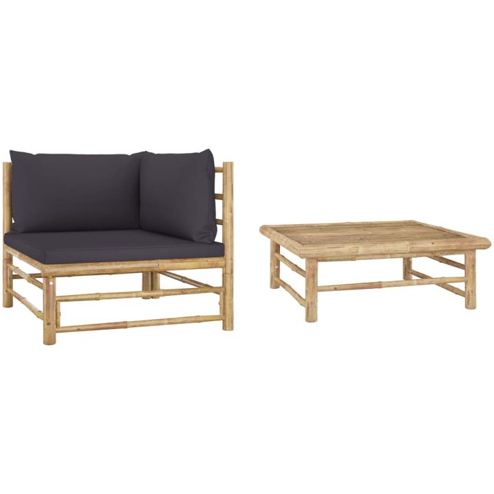 Loungegrupp för trädgården med mörkgråa dynor 2 delar bambu vidaXL – bild 2