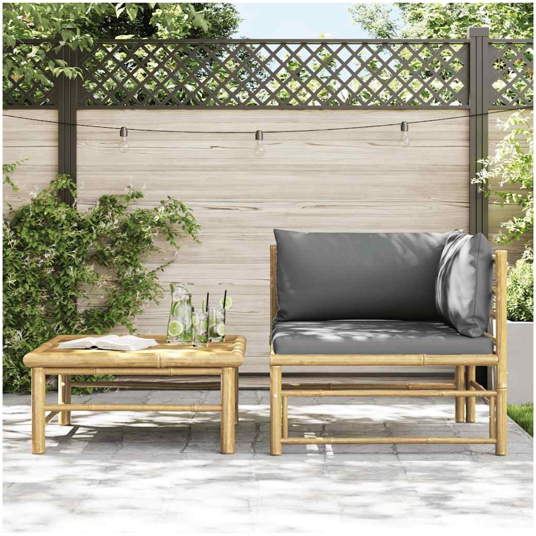 Loungegrupp för trädgården med mörkgråa dynor 2 delar bambu vidaXL – bild 3
