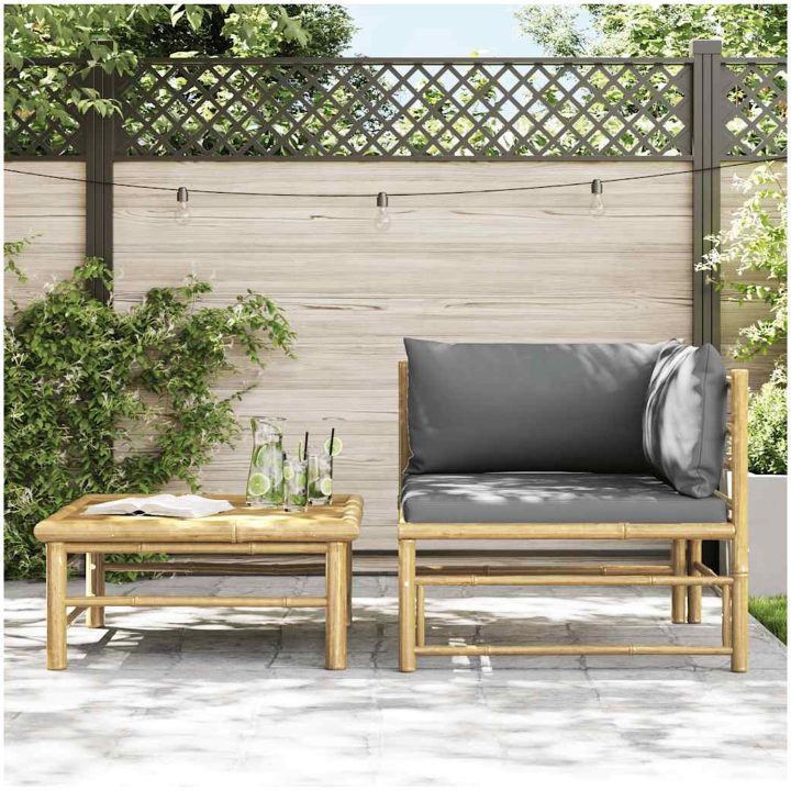 Loungegrupp för trädgården med mörkgråa dynor 2 delar bambu vidaXL – bild 3
