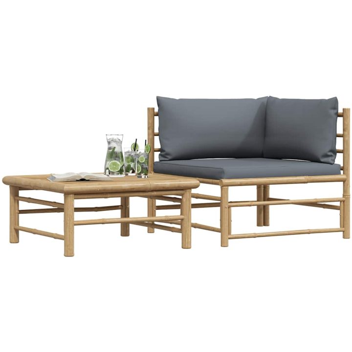 Loungegrupp för trädgården med mörkgråa dynor 2 delar bambu vidaXL – bild 4